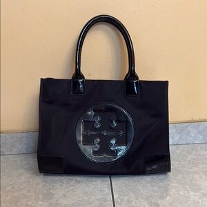Tory Burch Black Leather Tote with Gold Accents